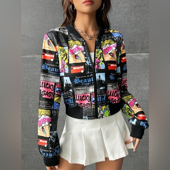 Allover Print Pop Art Zip-up Jacket, Long Sleeve Crop Jacket - Picture 3 of 6
